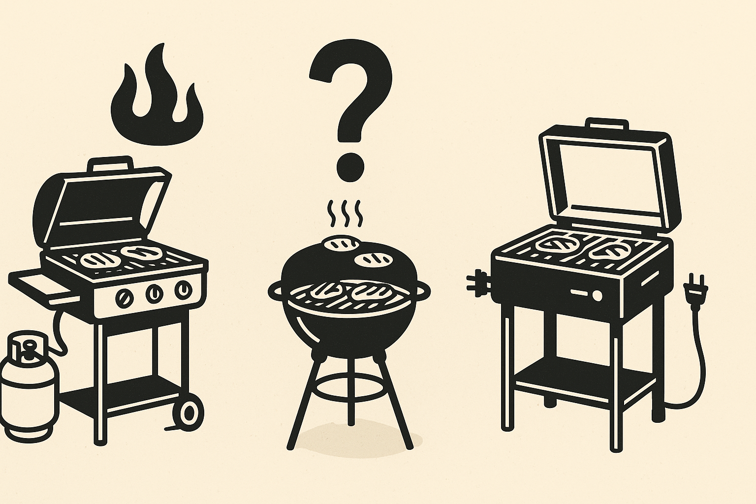 Trois barbecues côte à côte : charbon, gaz et modèle électrique, posés sur une terrasse ensoleillée