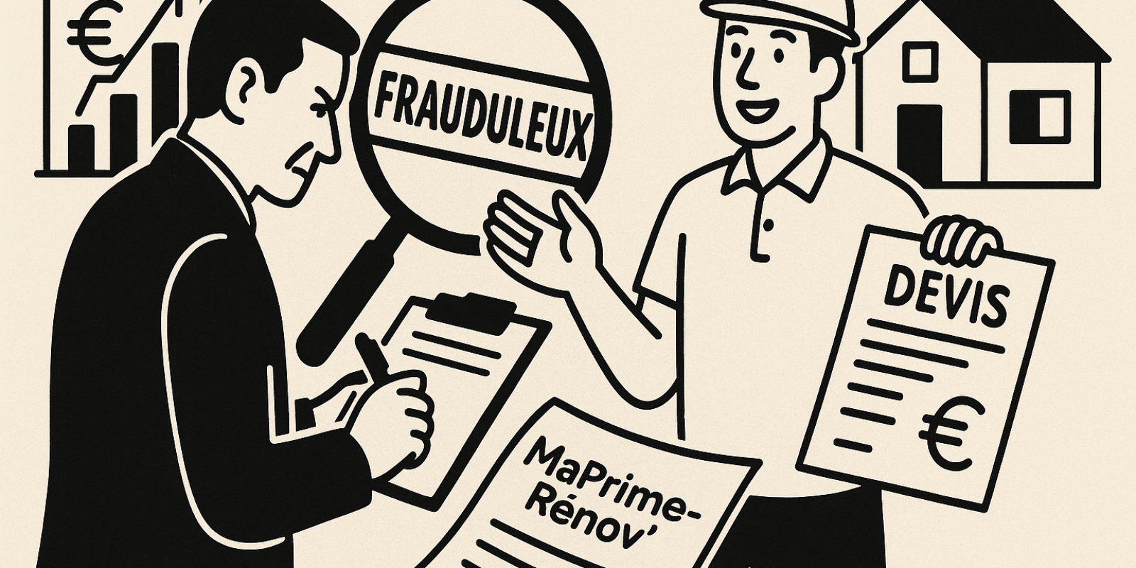 Documents de devis de rénovation et logo MaPrimeRénov, illustration sur la surveillance des demandes de subvention