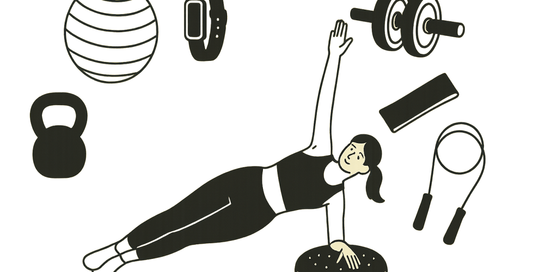 Salon transformé en espace d'entraînement avec accessoires design pour faire du sport à la maison