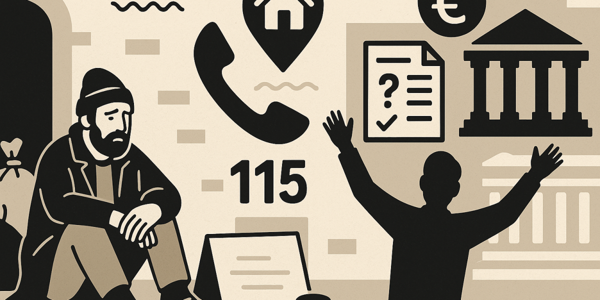 Personnes sans abri devant un bâtiment, symbolisant la crise de l'hébergement d'urgence en France