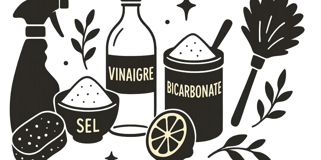 Produits naturels pour le ménage : vinaigre blanc, bicarbonate et savon noir posés sur un plan de travail
