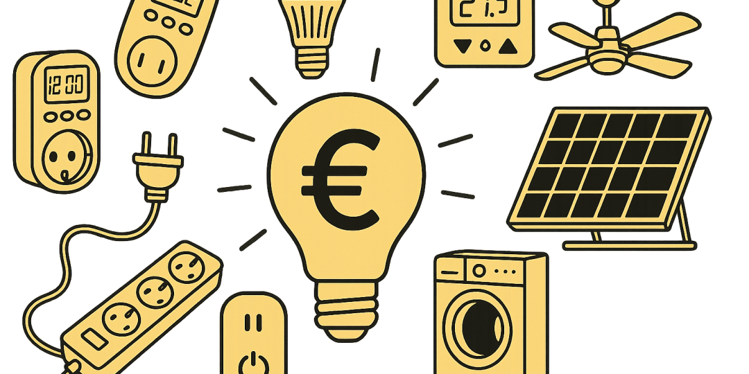 Collection d'objets économes en énergie : ampoules LED, prises intelligentes et thermostat connecté