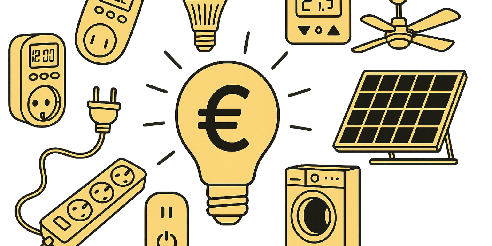 Collection d'objets économes en énergie : ampoules LED, prises intelligentes et thermostat connecté