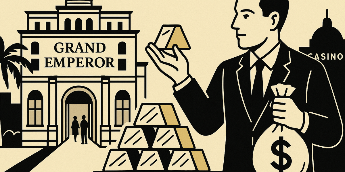 Hall doré du Grand Emperor Hotel à Macao, sols ornés de motifs métalliques