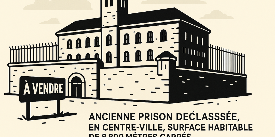 Vue aérienne de l'ancienne maison d'arrêt de Caen, bâtiment en pierre de Caen sur une grande parcelle urbaine