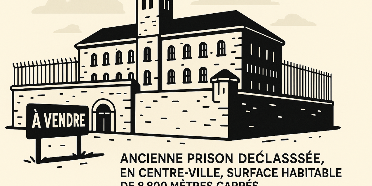 Vue aérienne de l'ancienne maison d'arrêt de Caen, bâtiment en pierre de Caen sur une grande parcelle urbaine