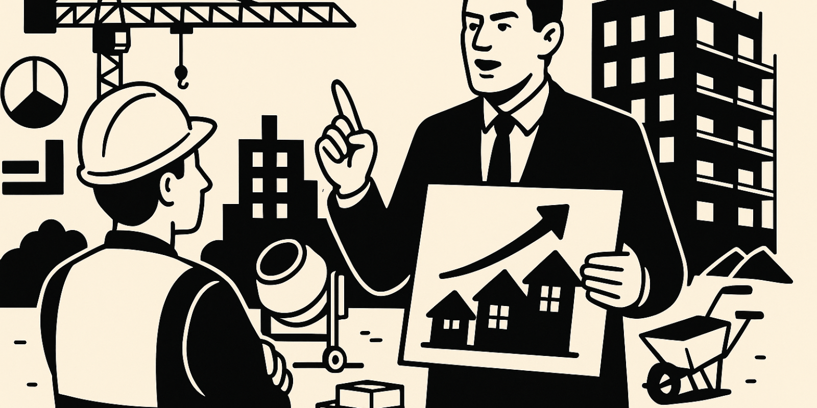 Chantier de construction avec grues et bâtiments en cours, illustrant la relance du logement et les enjeux des coûts des matériaux