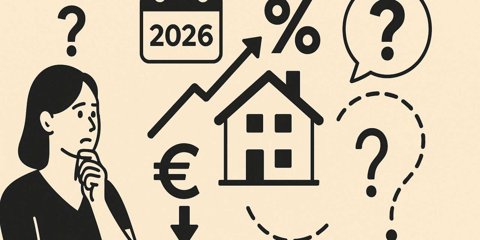 Silhouettes de maisons et graphiques représentant le marché immobilier en 2026