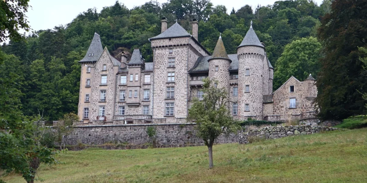 Château en pierre avec tours et fenêtres sur un terrain verdoyant — chateau