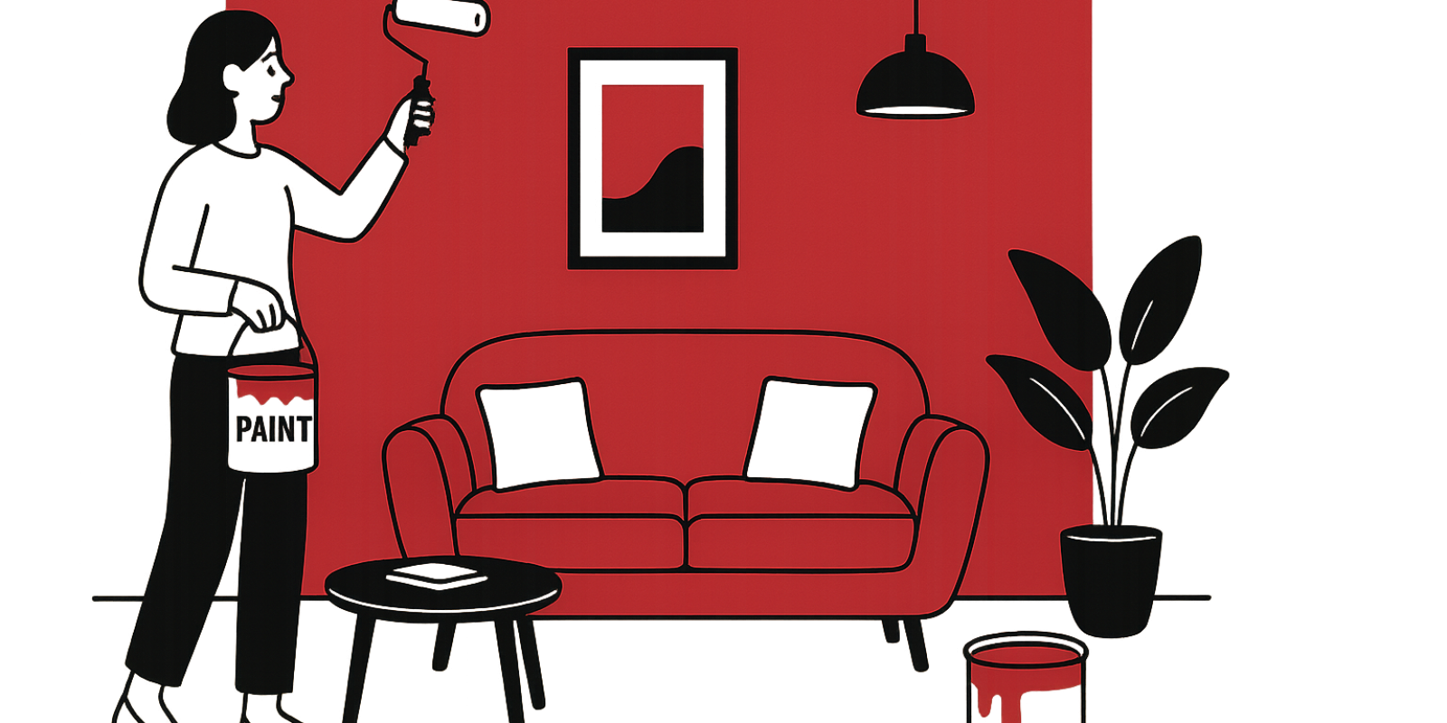 Intérieur chaleureux avec murs rouge carmin, textiles neutres et meubles en bois