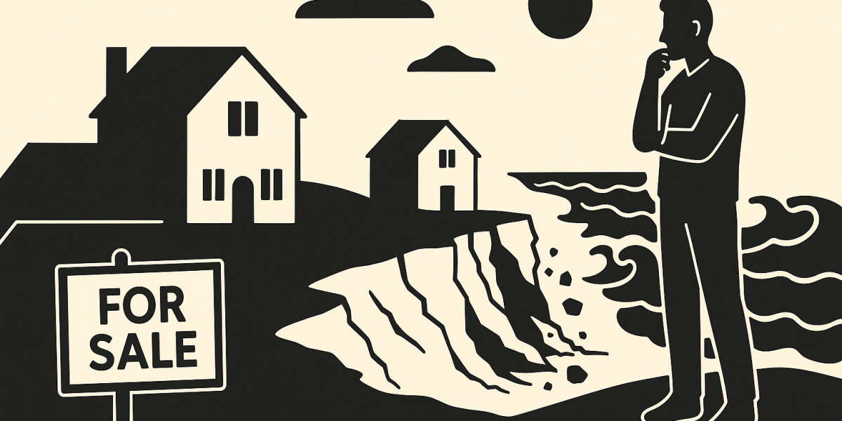 Côte d'Agon‑Coutainville menacée par l'érosion, maisons en bord de mer et falaise érodée