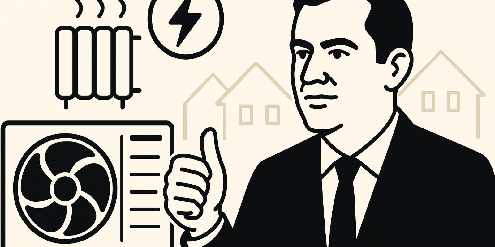 Illustration : pompe à chaleur et radiateurs symbolisant l'électrification du chauffage domestique