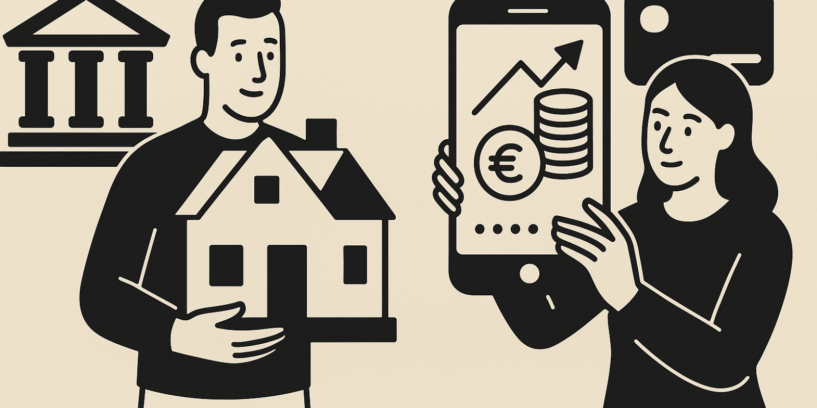 Illustration : confrontation entre néobanque digitale et banque traditionnelle autour du crédit immobilier