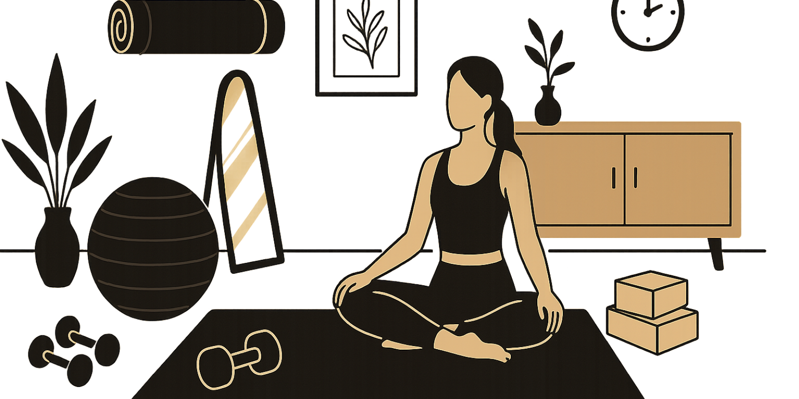 Coin fitness cosy avec tapis, ballon et accessoires pour yoga et Pilates