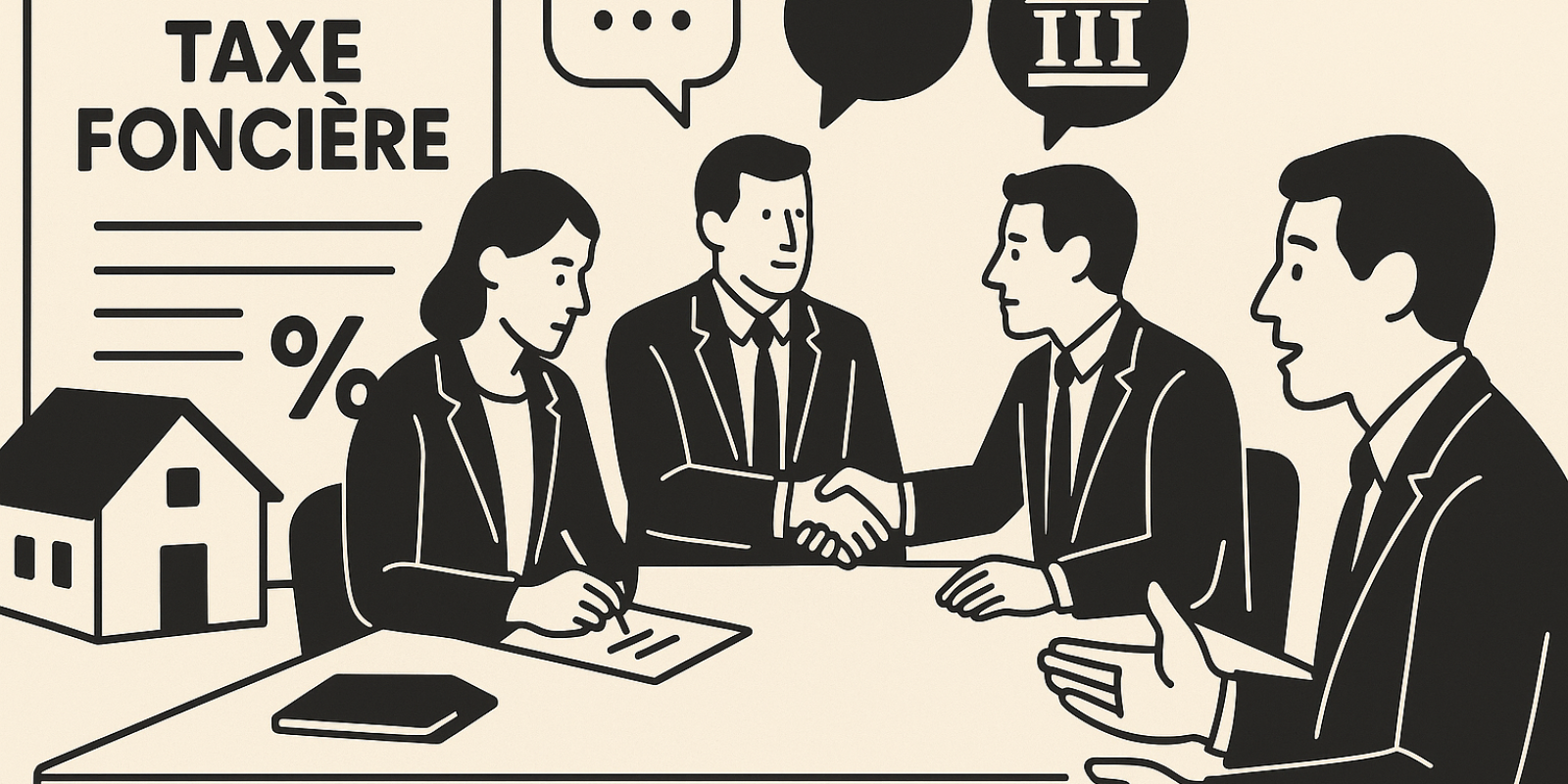 Illustration : logements et symbole fiscal évoquant la taxe foncière