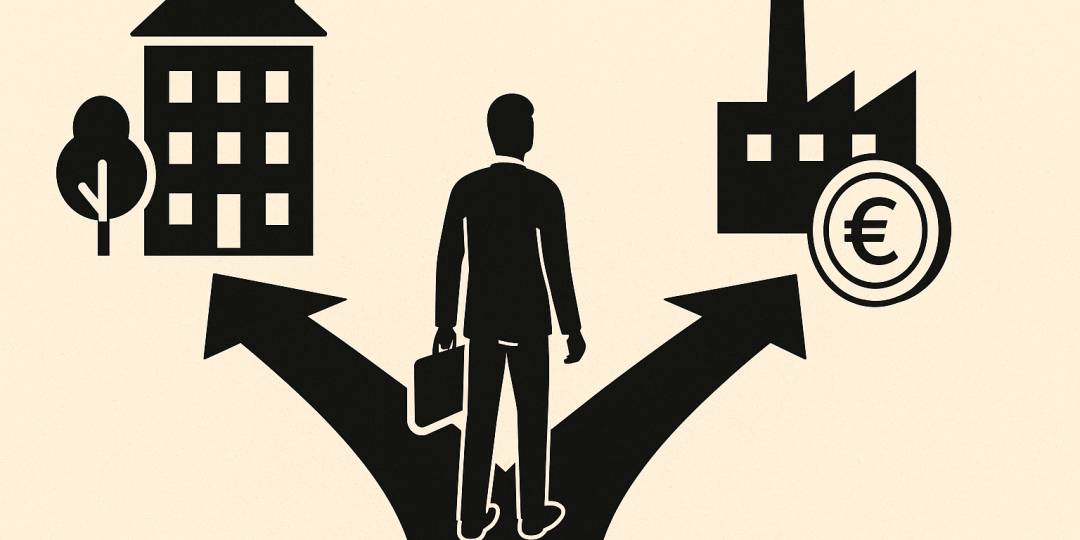 Piles de pièces, maison miniature et documents financiers symbolisant le choix entre immobilier et entreprises non cotées en assurance‑vie