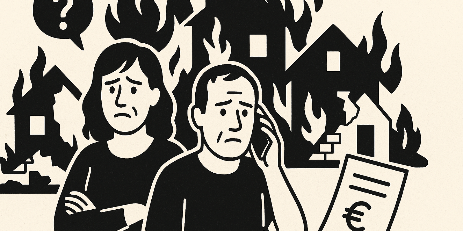 Habitants de l'Estaque devant des maisons détruites par l'incendie