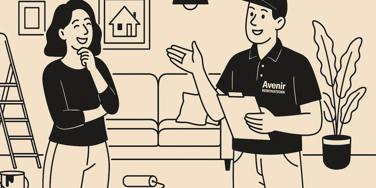 Artisan Avenir Rénovations échangeant avec une cliente dans un intérieur en cours de rénovation