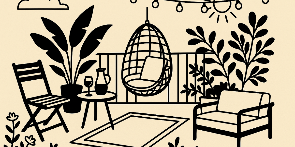 Balcon aménagé avec mobilier confortable, plantes et guirlandes lumineuses pour une ambiance chaleureuse