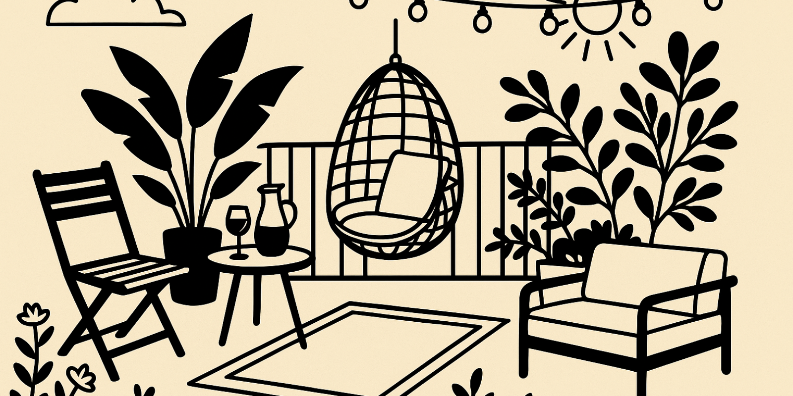 Balcon aménagé avec mobilier confortable, plantes et guirlandes lumineuses pour une ambiance chaleureuse