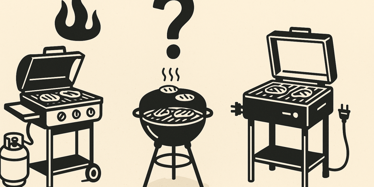 Trois barbecues côte à côte : charbon, gaz et modèle électrique, posés sur une terrasse ensoleillée