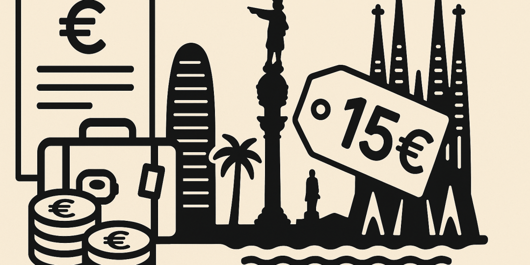 Vue de Barcelone avec illustration du tourisme et mention d'une augmentation de taxe de séjour