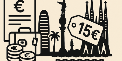Vue de Barcelone avec illustration du tourisme et mention d'une augmentation de taxe de séjour