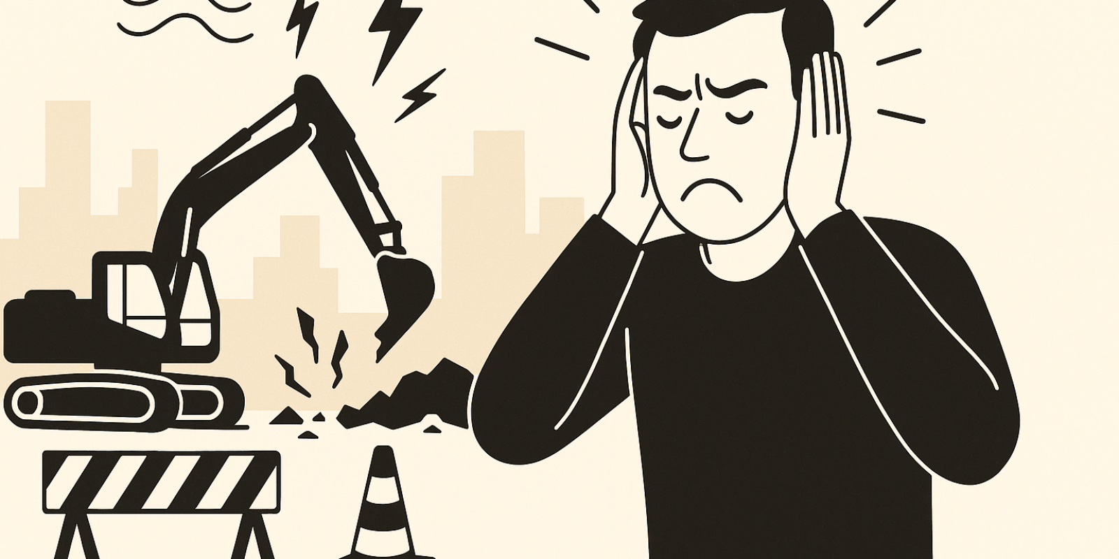 Travaux de chantier au pied d’immeubles avec échafaudages, illustrant les nuisances sonores pour les riverains