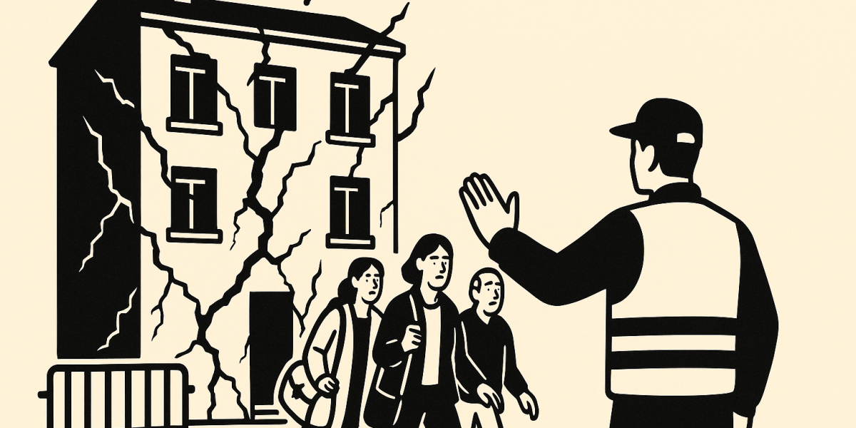 Façade d’un immeuble avec fissures : évacuation et panneau d’arrêté municipal apposé sur la porte