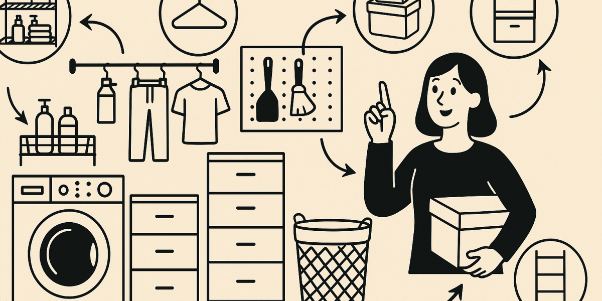 Buanderie optimisée avec rangements muraux, colonnes étroites et accessoires pliables