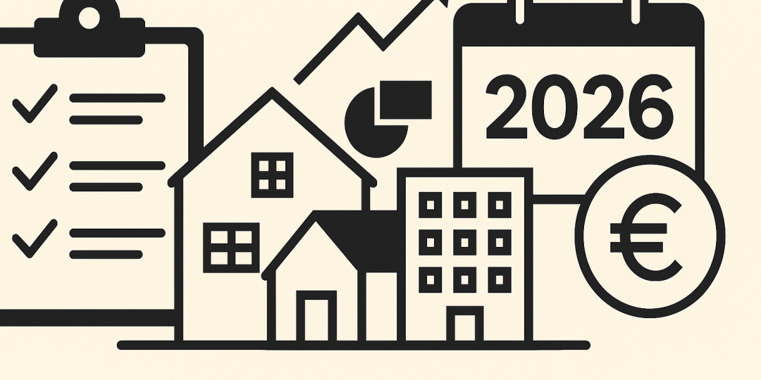 Illustration représentant des logements et documents budgétaires symbolisant les mesures du budget 2026 pour le logement