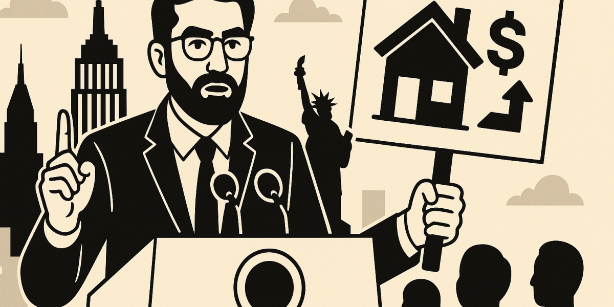 Portrait de Zohran Mamdani avec vue de New York en arrière-plan, illustration du débat sur la taxe foncière