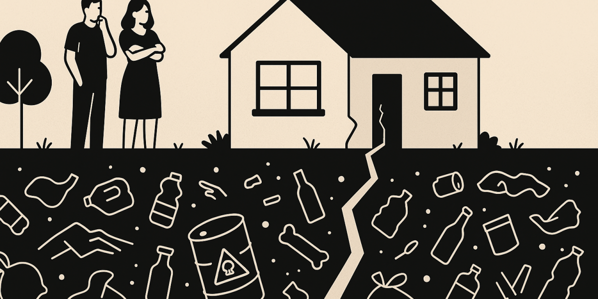 Terrain et mur fissuré illustrant les conséquences d'une ancienne décharge sous une habitation