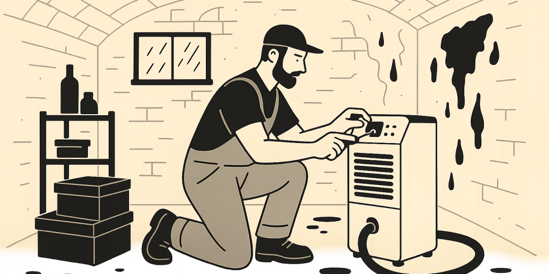 Couloir de cave humide montrant des taches sur les murs et des traces d'humidité