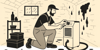 Couloir de cave humide montrant des taches sur les murs et des traces d'humidité