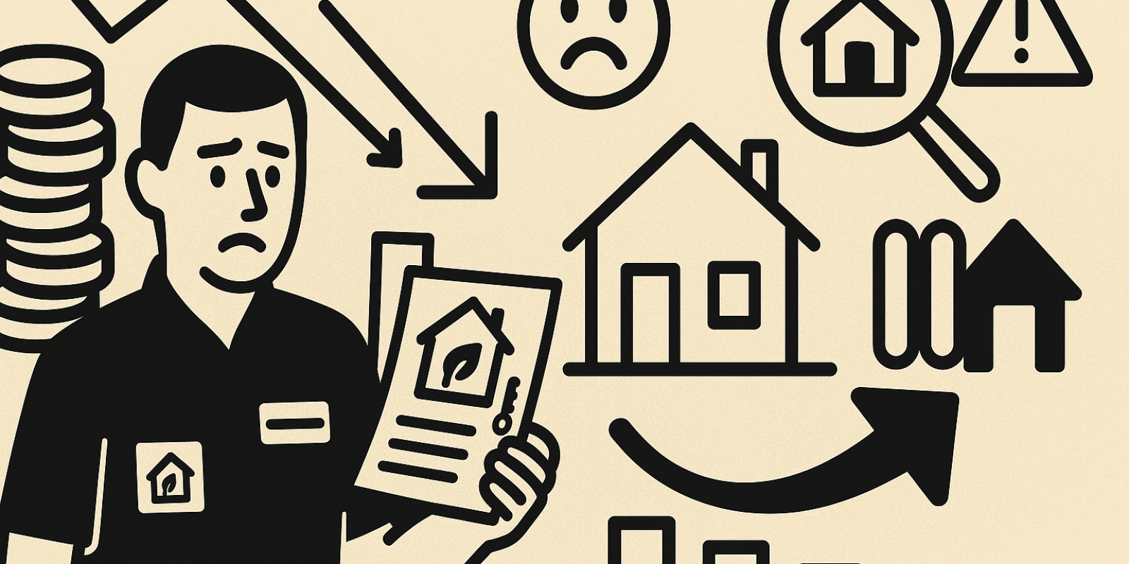 Professionnel de la rénovation énergétique confronté à une baisse d'activité, bureaux et documents vides