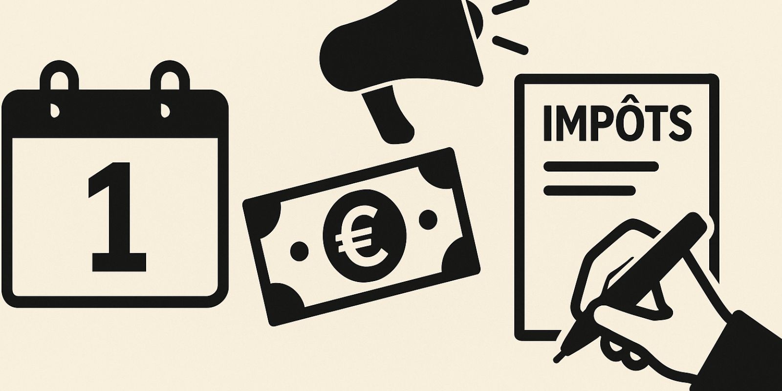 Illustration : dates et pictogrammes représentant aides sociales, énergie et fiscalité au 1er avril 2026