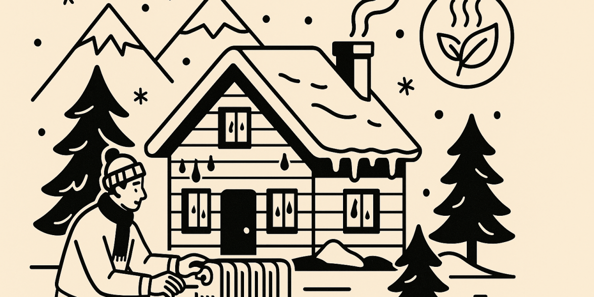 Intérieur d’une maison de montagne en hiver : fenêtres embuées et poêle, illustrant les enjeux de ventilation et d’isolation