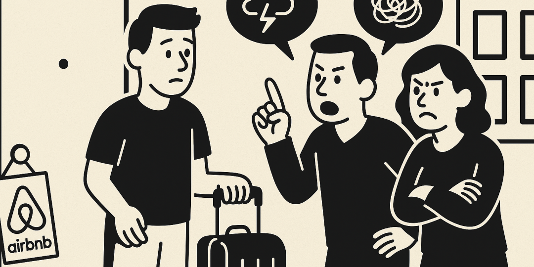 Immeuble en copropriété, valises dans un couloir et voisinage en désaccord autour de la location courte durée