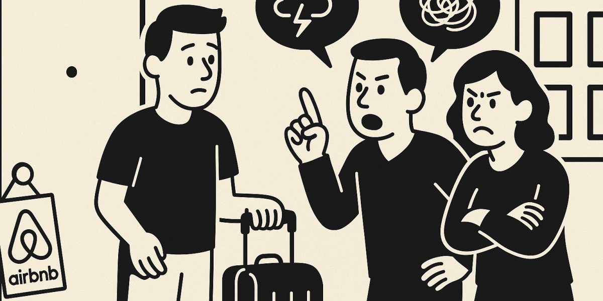 Immeuble en copropriété, valises dans un couloir et voisinage en désaccord autour de la location courte durée