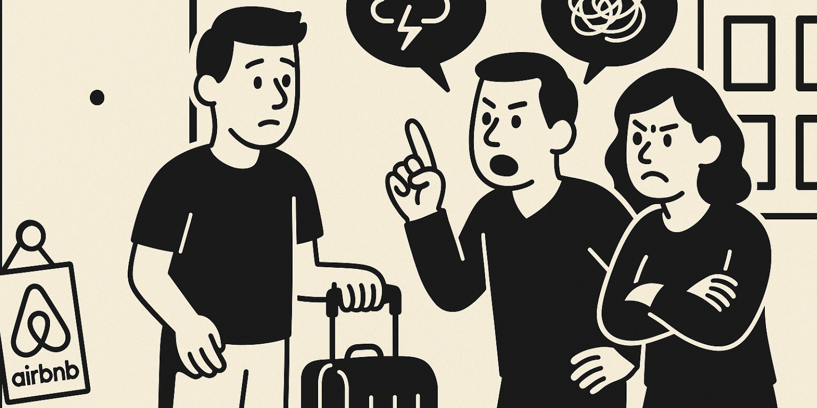 Immeuble en copropriété, valises dans un couloir et voisinage en désaccord autour de la location courte durée