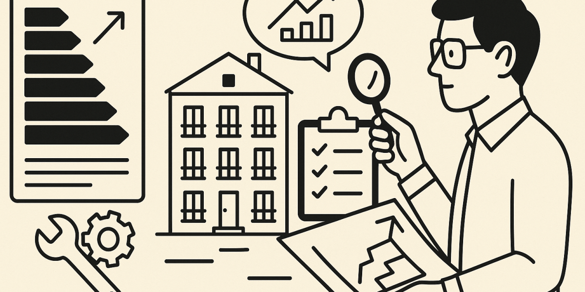 Façade d'un immeuble en copropriété avec icônes symbolisant économies d'énergie et rénovation