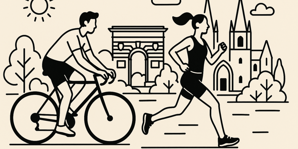 Cyclistes et joggeurs à Montpellier, paysage urbain avec pistes cyclables et espaces verts