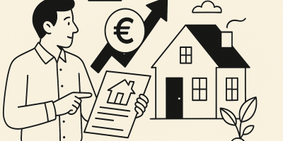 Calculatrice, contrat et maison miniature symbolisant un crédit immobilier et la négociation des taux