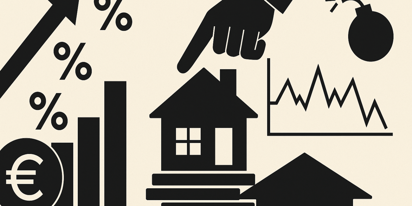 Illustration d'un immeuble et graphique symbolisant la hausse des taux de crédit immobilier