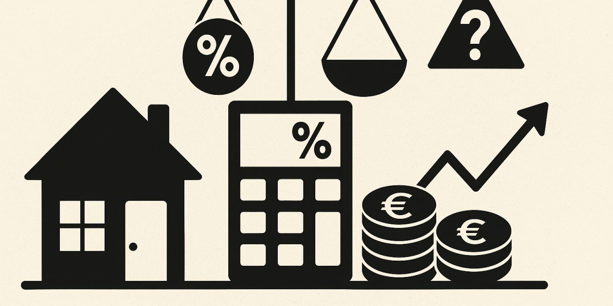 Vue d’un immeuble résidentiel avec un graphique symbolisant la stabilité des taux d’intérêt