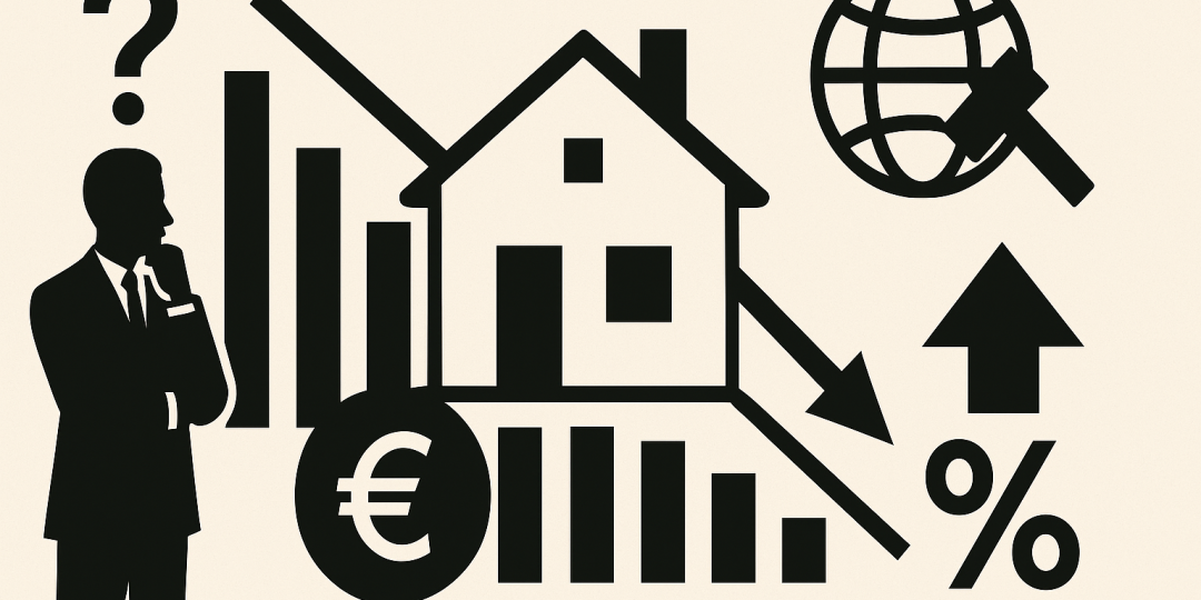 Illustration d’un dossier sur le crédit immobilier avec graphique et contrat, montrant la baisse des volumes en janvier 2026