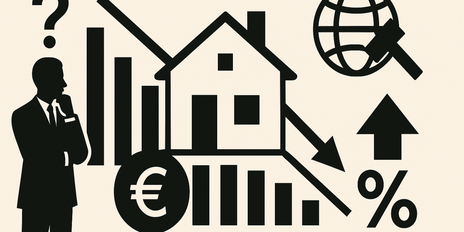 Illustration d’un dossier sur le crédit immobilier avec graphique et contrat, montrant la baisse des volumes en janvier 2026