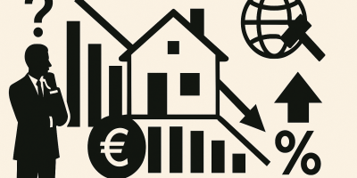 Illustration d’un dossier sur le crédit immobilier avec graphique et contrat, montrant la baisse des volumes en janvier 2026