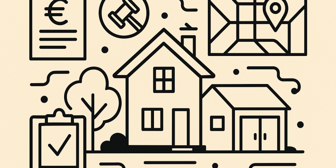 Vue extérieure d'une maison avec garage et abri de jardin, illustration des dépendances